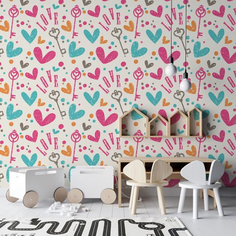 Pembe Mavi Kalpler Anahtar ve Love Yazılı Duvar Kağıdı