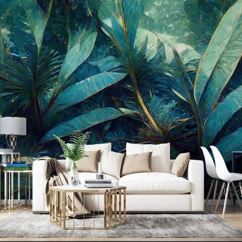 Lüks Mavi Yeşil Yapraklar Modern Oturma Odası Duvar Kağıdı