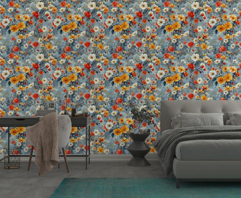 Romantik Bahar Çiçekleri Duvar Kağıdı, Çiçek Açan Bahçe Salon Duvar Kağıdı