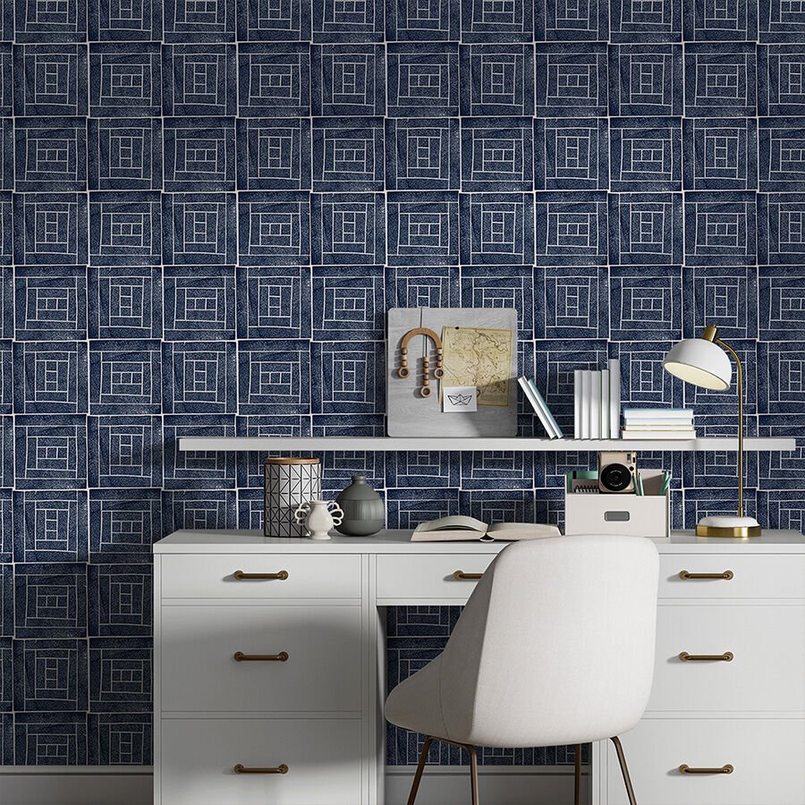 Mavi Geometrik Desenli Duvar Kağıdı, Çalışma Odası Kendinden Yapışkanlı Duvar Kağıdı