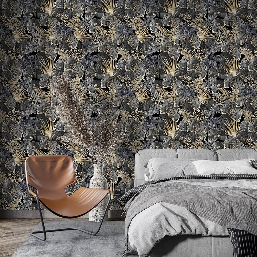 Lüks Koyu Tropikal Yaprak Desenli Kendinden Yapışkanlı Duvar Kağıdı