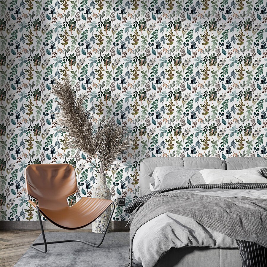Suluboya Efektli Botanik Kendinden Yapışkanlı Duvar Kağıdı, Yatak Odası Duvar Kağıdı