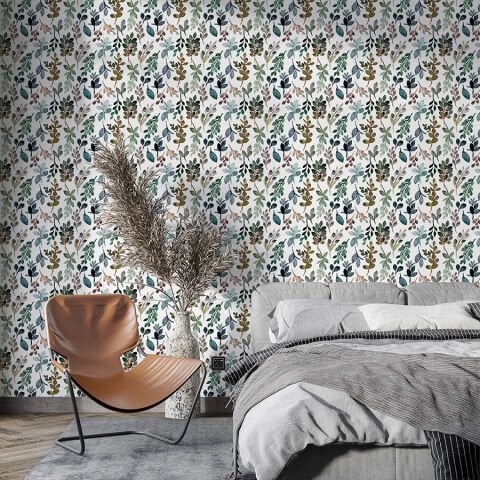 Suluboya Efektli Botanik Kendinden Yapışkanlı Duvar Kağıdı, Yatak Odası Duvar Kağıdı