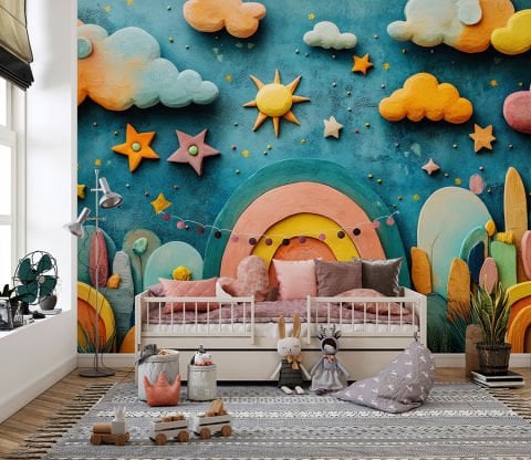 3 Boyutlu Gökkuşağı Bebek Odası Duvar Kağıdı, 3D Çocuk Odası Duvar Kağıdı