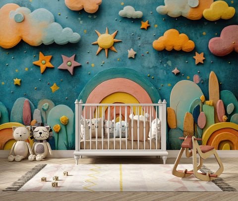 3 Boyutlu Gökkuşağı Bebek Odası Duvar Kağıdı, 3D Çocuk Odası Duvar Kağıdı
