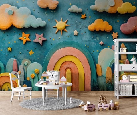 3 Boyutlu Gökkuşağı Bebek Odası Duvar Kağıdı, 3D Çocuk Odası Duvar Kağıdı