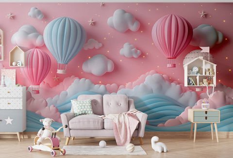 3 Boyutlu Pembe Tonlarda Balonlu Gökyüzü Çocuk Bebek Odası Duvar Kağıdı
