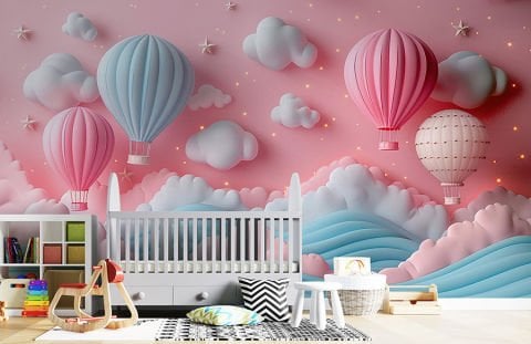 3 Boyutlu Pembe Tonlarda Balonlu Gökyüzü Çocuk Bebek Odası Duvar Kağıdı