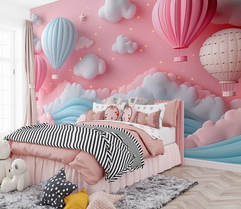 3 Boyutlu Pembe Tonlarda Balonlu Gökyüzü Çocuk Bebek Odası Duvar Kağıdı