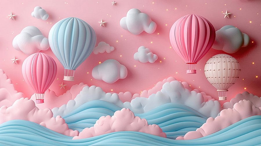 3 Boyutlu Pembe Tonlarda Balonlu Gökyüzü Çocuk Bebek Odası Duvar Kağıdı