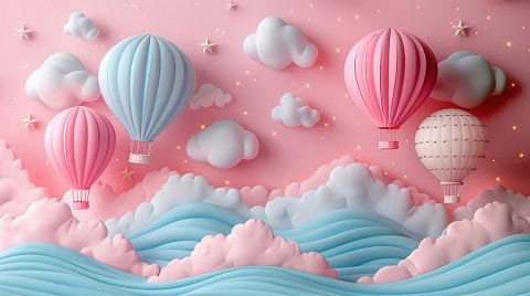 3 Boyutlu Pembe Tonlarda Balonlu Gökyüzü Çocuk Bebek Odası Duvar Kağıdı