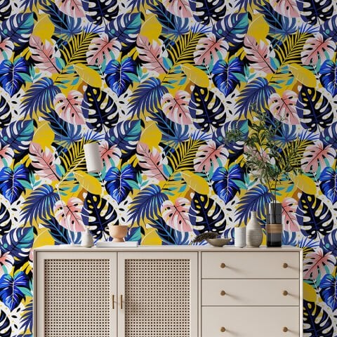 Tropikal Yaprak Desenli Kendinden Yapışkanlı Salon Duvar Kağıdı