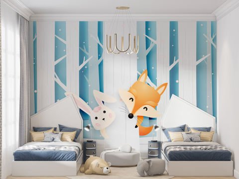 3 Boyutlu Sevimli Tilki ve Tavşan Çocuk Bebek Odası Duvar Kağıdı