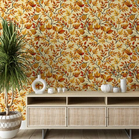 Sarı Tonlarda Sonbahar Yaprakları Kendinden Yapışkanlı Salon Duvar Kağıdı