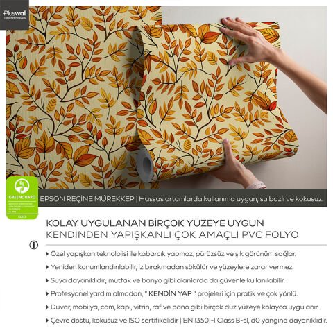 Sarı Tonlarda Sonbahar Yaprakları Kendinden Yapışkanlı Salon Duvar Kağıdı