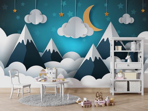 3 Boyutlu Dağ ve Gökyüzü Çocuk Bebek Odası Duvar Kağıdı
