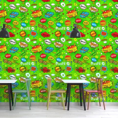 Pop Art Desenli Yeşil Çocuk Odası Cafe Duvar Kağıdı