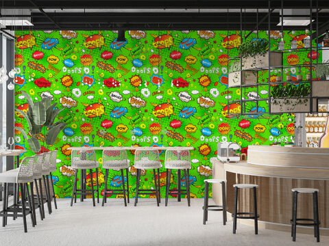 Pop Art Desenli Yeşil Çocuk Odası Cafe Duvar Kağıdı