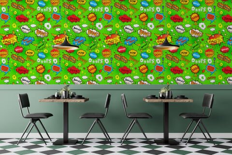 Pop Art Desenli Yeşil Çocuk Odası Cafe Duvar Kağıdı