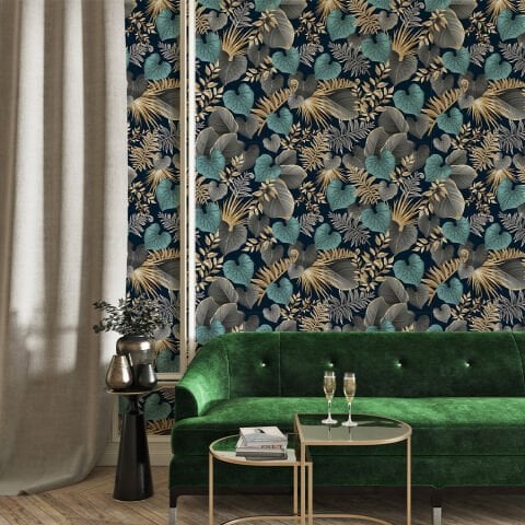 Koyu Tropikal Yaprak Desenli Kendinden Yapışkanlı Duvar Kağıdı