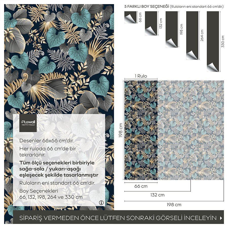 Koyu Tropikal Yaprak Desenli Kendinden Yapışkanlı Duvar Kağıdı