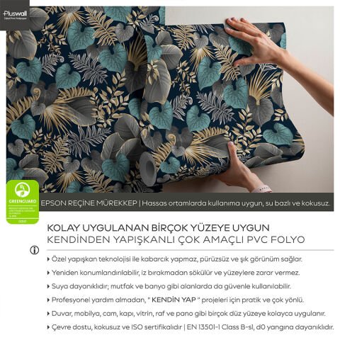 Koyu Tropikal Yaprak Desenli Kendinden Yapışkanlı Duvar Kağıdı