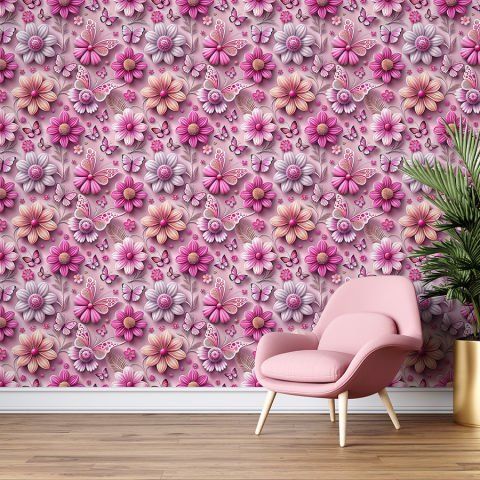 3D Görünümlü Pembe Çiçek ve Kelebek Desenli Duvar Kağıdı