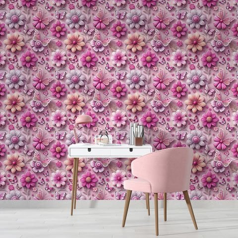 3D Görünümlü Pembe Çiçek ve Kelebek Desenli Duvar Kağıdı