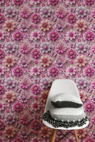 3D Görünümlü Pembe Çiçek ve Kelebek Desenli Duvar Kağıdı