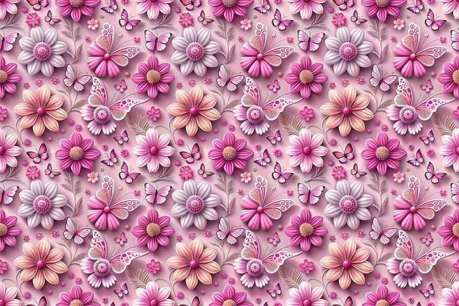 3D Görünümlü Pembe Çiçek ve Kelebek Desenli Duvar Kağıdı