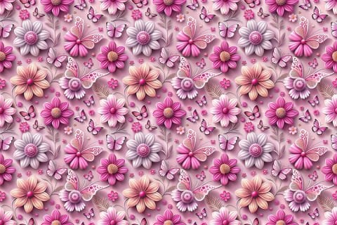 3D Görünümlü Pembe Çiçek ve Kelebek Desenli Duvar Kağıdı