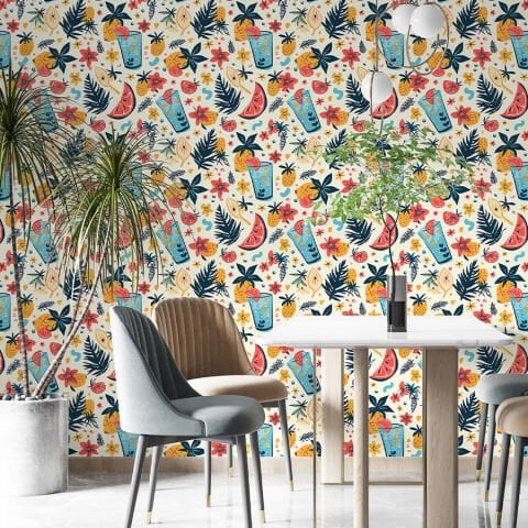 Tropikal Meyveler ve İçecekler Kendinden Yapışkanlı Duvar Kağıdı, Cafe Duvar Kağıdı