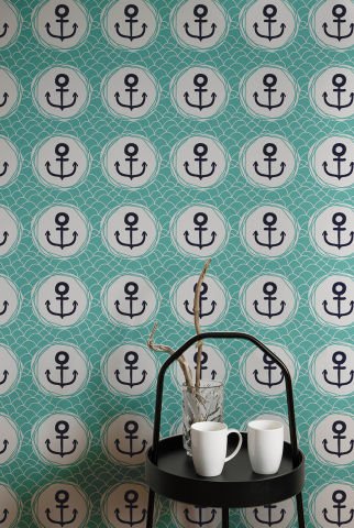 Turkuaz Zeminli Çapa Desenli Duvar Kağıdı