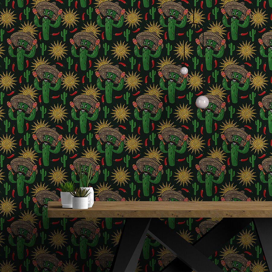 Meksika Stili Kaktüs Desenli Kendinden Yapışkanlı Duvar Kağıdı