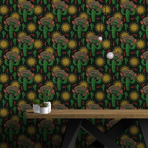 Meksika Stili Kaktüs Desenli Kendinden Yapışkanlı Duvar Kağıdı