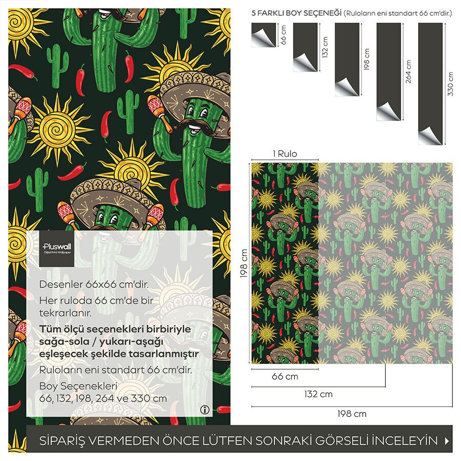 Meksika Stili Kaktüs Desenli Kendinden Yapışkanlı Duvar Kağıdı