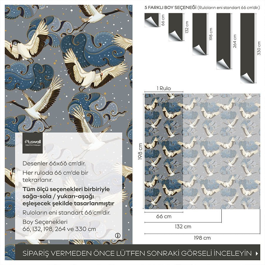 Geleneksel Asya Sanatı Kendinden Yapışkanlı Duvar Kağıdı, Japon Turnaları Duvar Kağıdı