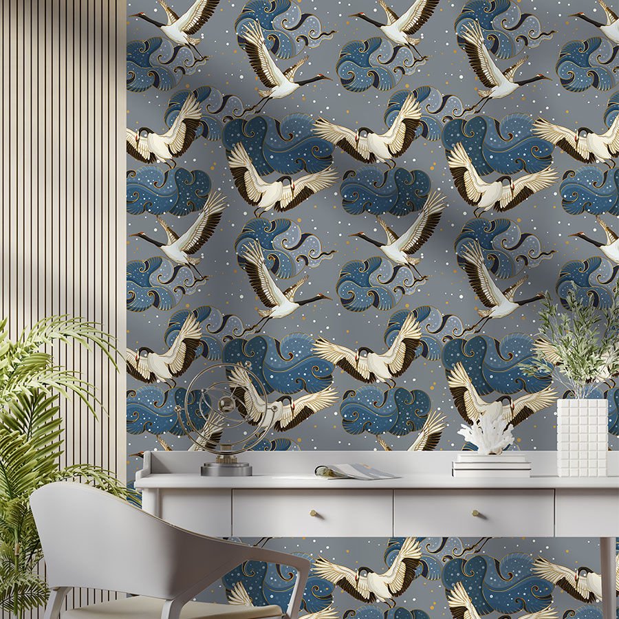 Geleneksel Asya Sanatı Kendinden Yapışkanlı Duvar Kağıdı, Japon Turnaları Duvar Kağıdı