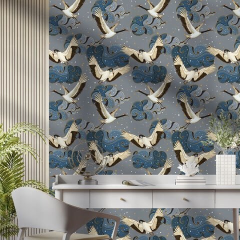 Geleneksel Asya Sanatı Kendinden Yapışkanlı Duvar Kağıdı, Japon Turnaları Duvar Kağıdı