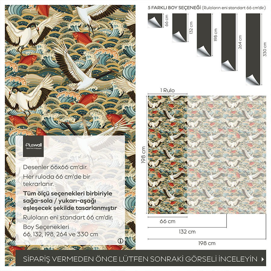 Asya Okyanus Tasarım Kendinden Yapışkanlı Duvar Kağıdı, Japon Turnası ve Kırmızı Balık Duvar Kağıdı