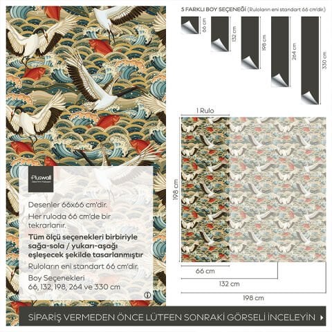 Asya Okyanus Tasarım Kendinden Yapışkanlı Duvar Kağıdı, Japon Turnası ve Kırmızı Balık Duvar Kağıdı