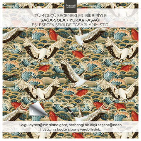 Asya Okyanus Tasarım Kendinden Yapışkanlı Duvar Kağıdı, Japon Turnası ve Kırmızı Balık Duvar Kağıdı