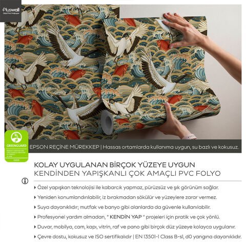 Asya Okyanus Tasarım Kendinden Yapışkanlı Duvar Kağıdı, Japon Turnası ve Kırmızı Balık Duvar Kağıdı