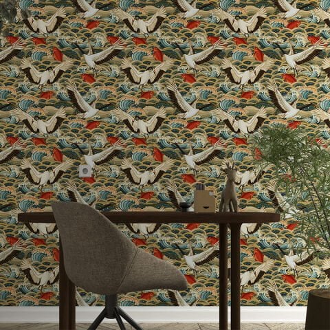 Asya Okyanus Tasarım Kendinden Yapışkanlı Duvar Kağıdı, Japon Turnası ve Kırmızı Balık Duvar Kağıdı
