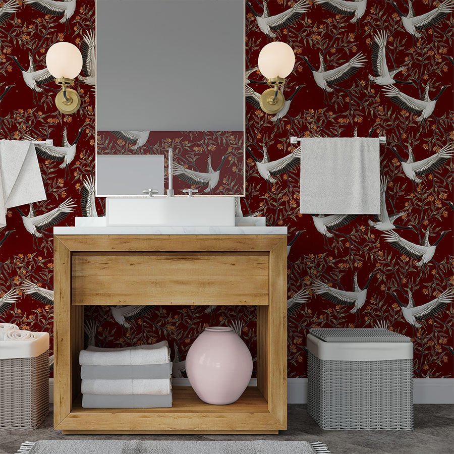 Uzak Doğu Sanatı Kendinden Yapışkanlı Duvar Kağıdı, Japon Turnaları Banyo Duvar Kağıdı