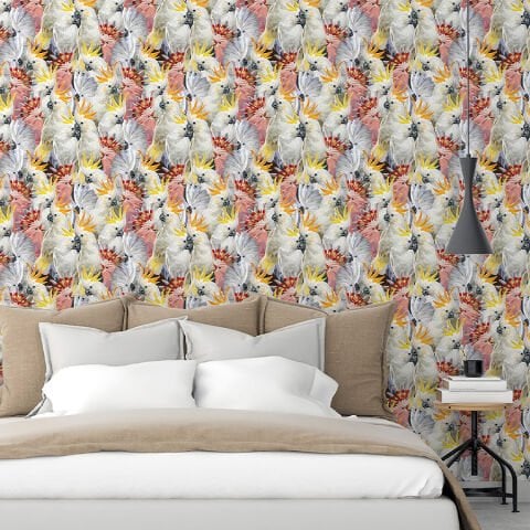 Beyaz Kakadu Kuşları Kendinden Yapışkanlı Duvar Kağıdı, Yatak Odası için Duvar Kağıdı