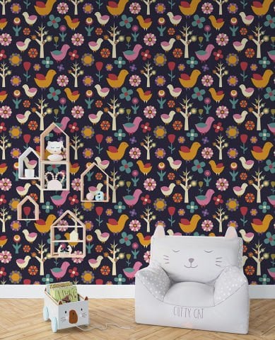 Renkli Kuş ve Ağaç Desenli Bebek Odası Duvar Kağıdı