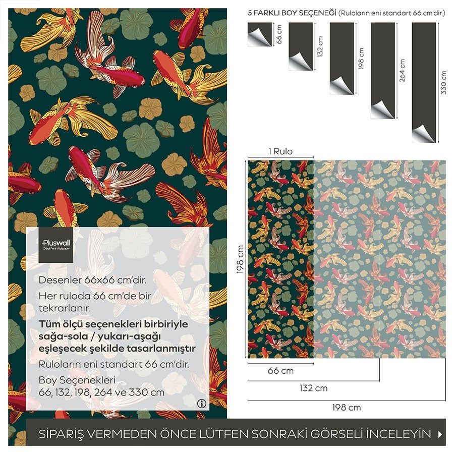 Altın Japon Balığı Desenli Kendinden Yapışkanlı Duvar Kağıdı, Banyo Duvar Kağıdı