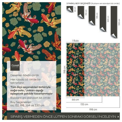 Altın Japon Balığı Desenli Kendinden Yapışkanlı Duvar Kağıdı, Banyo Duvar Kağıdı