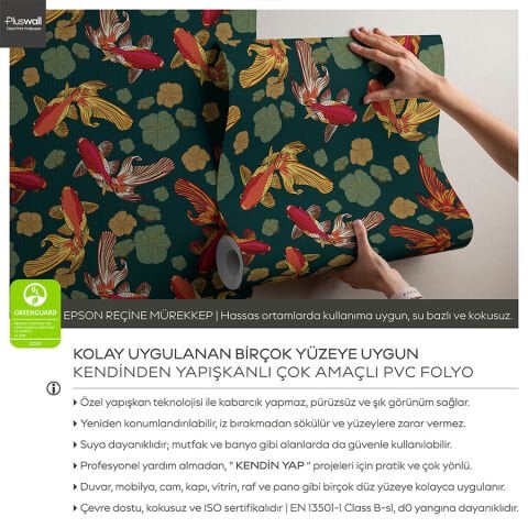 Altın Japon Balığı Desenli Kendinden Yapışkanlı Duvar Kağıdı, Banyo Duvar Kağıdı